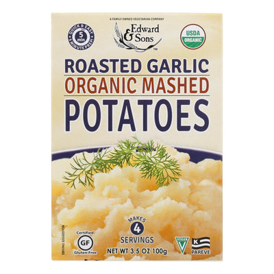 An image displaying Edward And Sons Organic Mashed Potatoes - Roasted Garlic - Case Of 6 - 3.5 Oz. by Edward & Sons