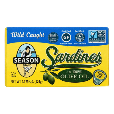 An image displaying Season Brand Sardines In Pure Olive Oil - Salt Added - Case Of 12 - 4.375 Ounce by Season Brand