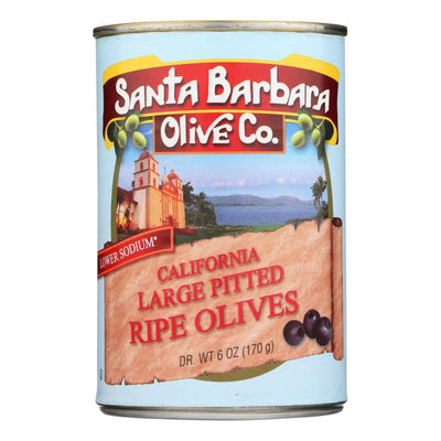 An image displaying Santa Barbara Pitted Olives - Large Black - Case Of 12 - 5.75 Ounce. by Santa Barbara Olive Co.