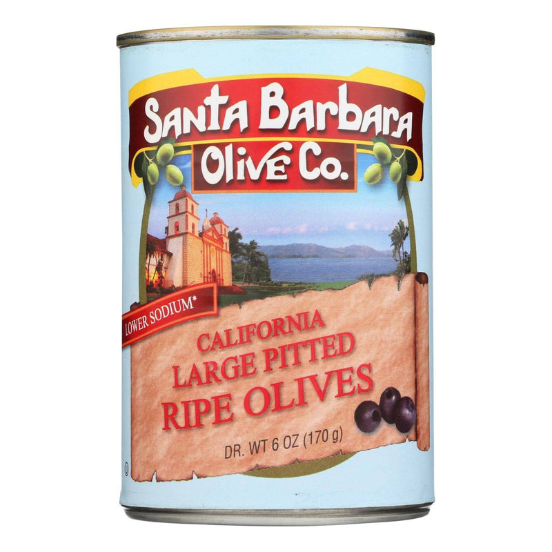 An image displaying Santa Barbara Pitted Olives - Large Black - Case Of 12 - 5.75 Ounce. by Santa Barbara Olive Co.