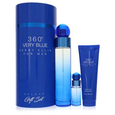 An image displaying Perry Ellis 360 Very Blue by Perry Ellis Gift Set -- 3.4 oz Eau De Toilette Spray + .25 oz Mini EDT Spray + 3 oz Shower Gel for Men by Perry Ellis