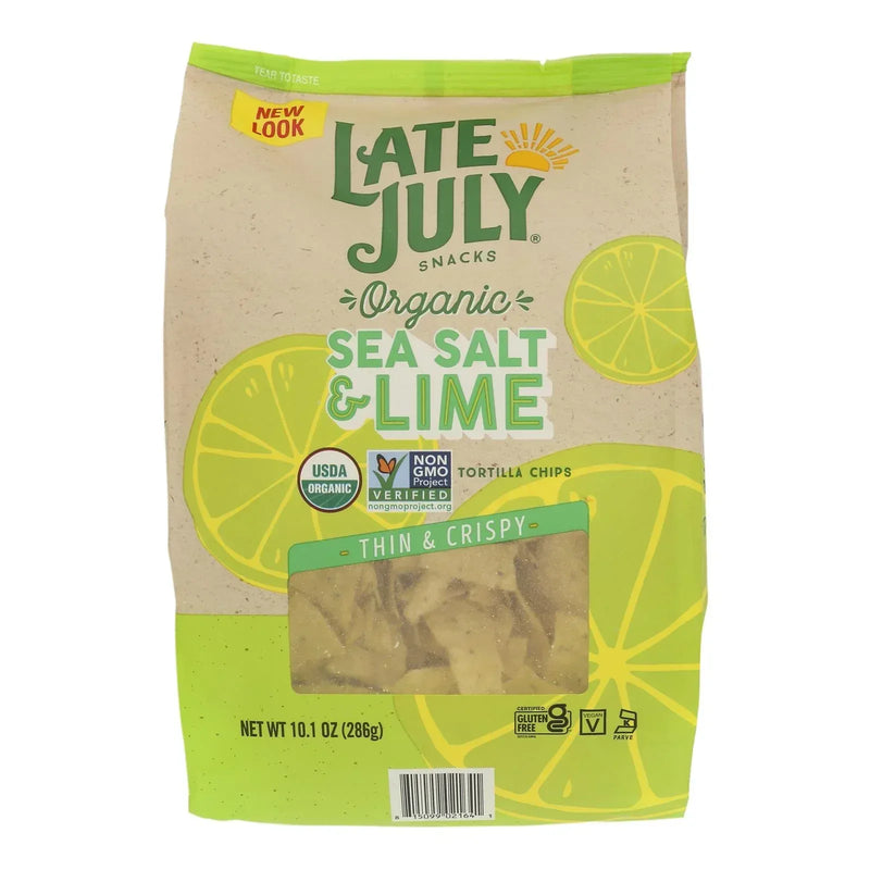 An image displaying Late July Snacks - Tort Chip Sea Salt Lime - Case Of 9-10.1 Ounce by Late July Snacks