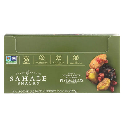 An image displaying Sahale Glazed Mix With Pomegranate Flavored Pistachios - Case Of 9 - 1.5 Ounce by Sahale Snacks