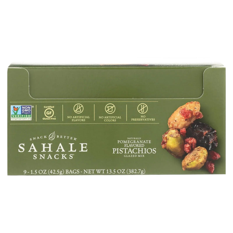 An image displaying Sahale Glazed Mix With Pomegranate Flavored Pistachios - Case Of 9 - 1.5 Ounce by Sahale Snacks