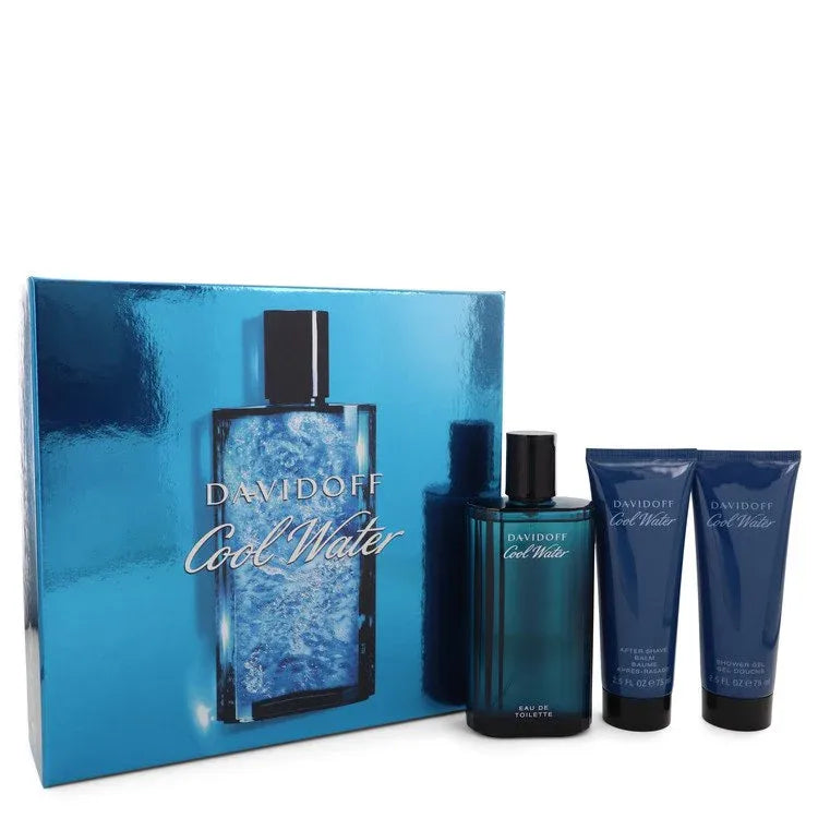 An image displaying COOL WATER by Davidoff Gift Set -- 4.2 oz Eau De Toilette Spray + 2.5 oz After Shave Balm + 2.5 oz Shower Gel for Men by Davidoff