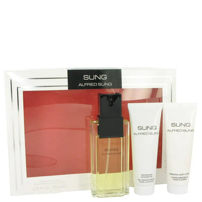 An image displaying Alfred SUNG by Alfred Sung Gift Set -- 3.4 oz Eau De Toilette Spray + 2.5 oz Body Lotion + 2.5 oz Shower Gel for Women by Alfred Sung
