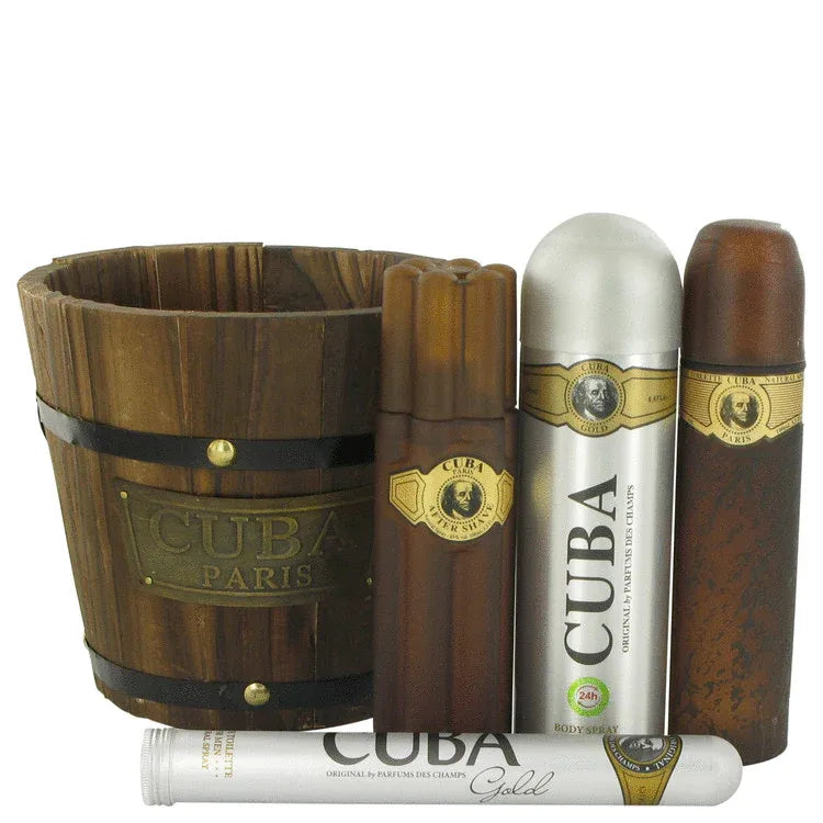 An image displaying Cuba Gold by Fragluxe Gift Set -- 3.4 oz Eau De Toilette Spray + 1.17 oz Eau De Toilette Spray + 6.7 oz Body Spray + 3.3 oz After Shave for Men by Fragluxe