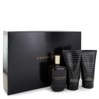 An image displaying Unforgivable by Sean John Gift Set -- 4.2 oz Eau De Toilette Spray + 3.4 oz Shower Gel + 3.4 oz After Shave Balm for Men by Sean John
