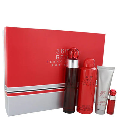 An image displaying Perry Ellis 360 Red by Perry Ellis Gift Set -- 3.4 oz Eau De Toilette Spray + .25 oz Mini EDT Spray + 6.8 oz Body Spray + 3 oz Shower Gel for Men by Perry Ellis