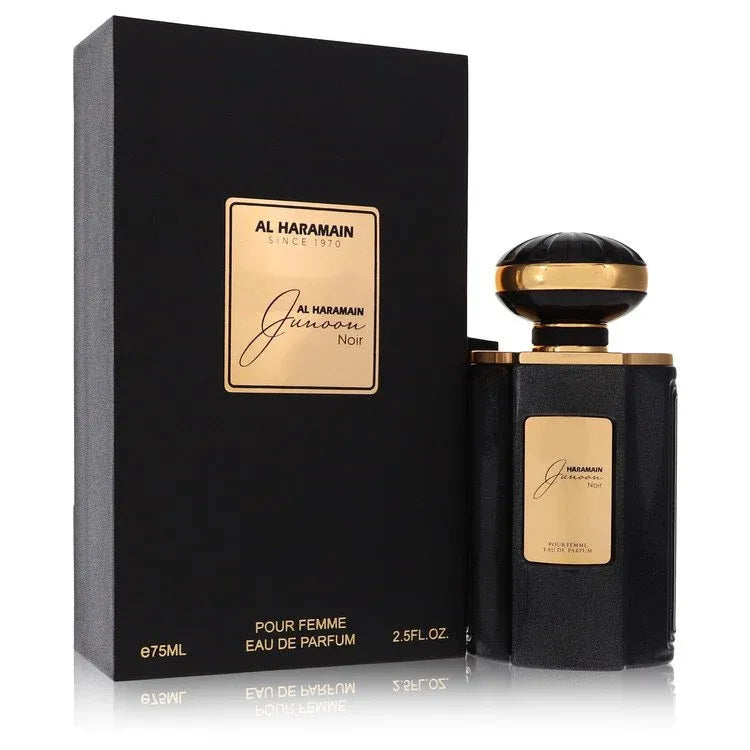 An image displaying Al Haramain Junoon Noir by Al Haramain Eau De Parfum Spray 2.5 oz for Women by Al Haramain