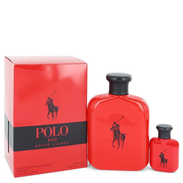 An image displaying Polo Red by Ralph Lauren Gift Set -- 4.2 oz Eau De Toilette Spray + 0.5 oz Mini EDT for Men by Ralph Lauren