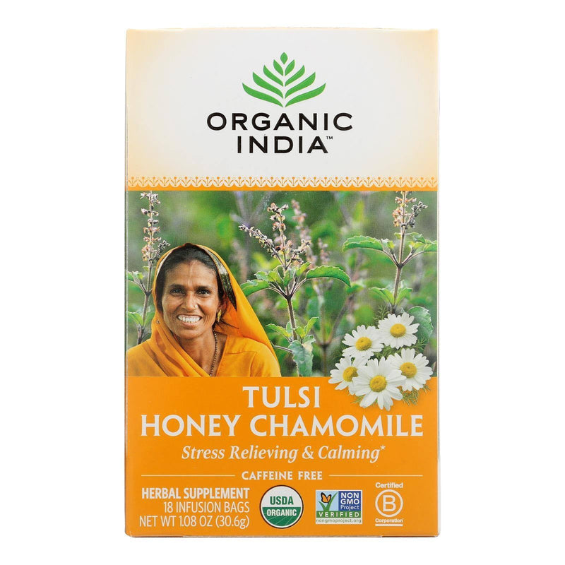 An image displaying Organic India Tulsi Tea Honey Chamomile - 18 Tea Bags - Case Of 6 by Organic India