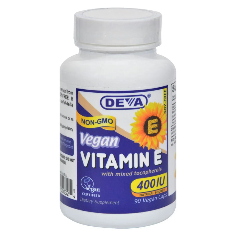 An image displaying Deva Vegan Vitamins - Vitamin E With Mixed Tocopherols - 400 Iu - 90 Vegan Capsules by Deva Vegan Vitamins