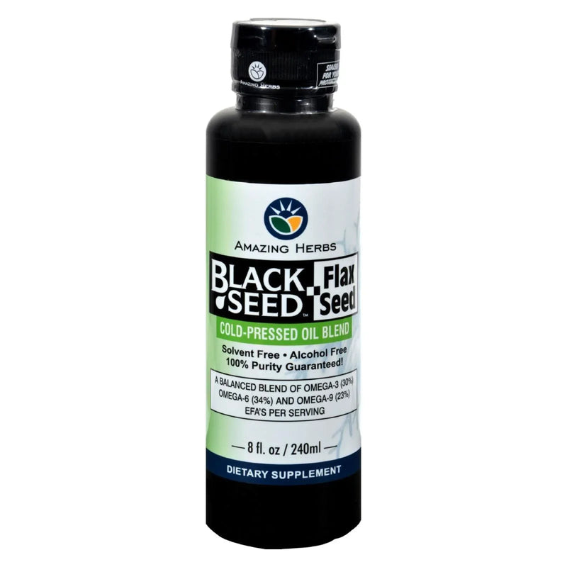 An image displaying Amazing Herbs - Black Seed Oil Blend - Flax Seed Oil - 8 Ounce by Amazing Herbs