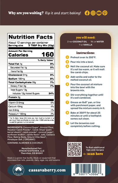 An image displaying Carob Chip Almond Flour Brownie Mix by Cassavaberry®