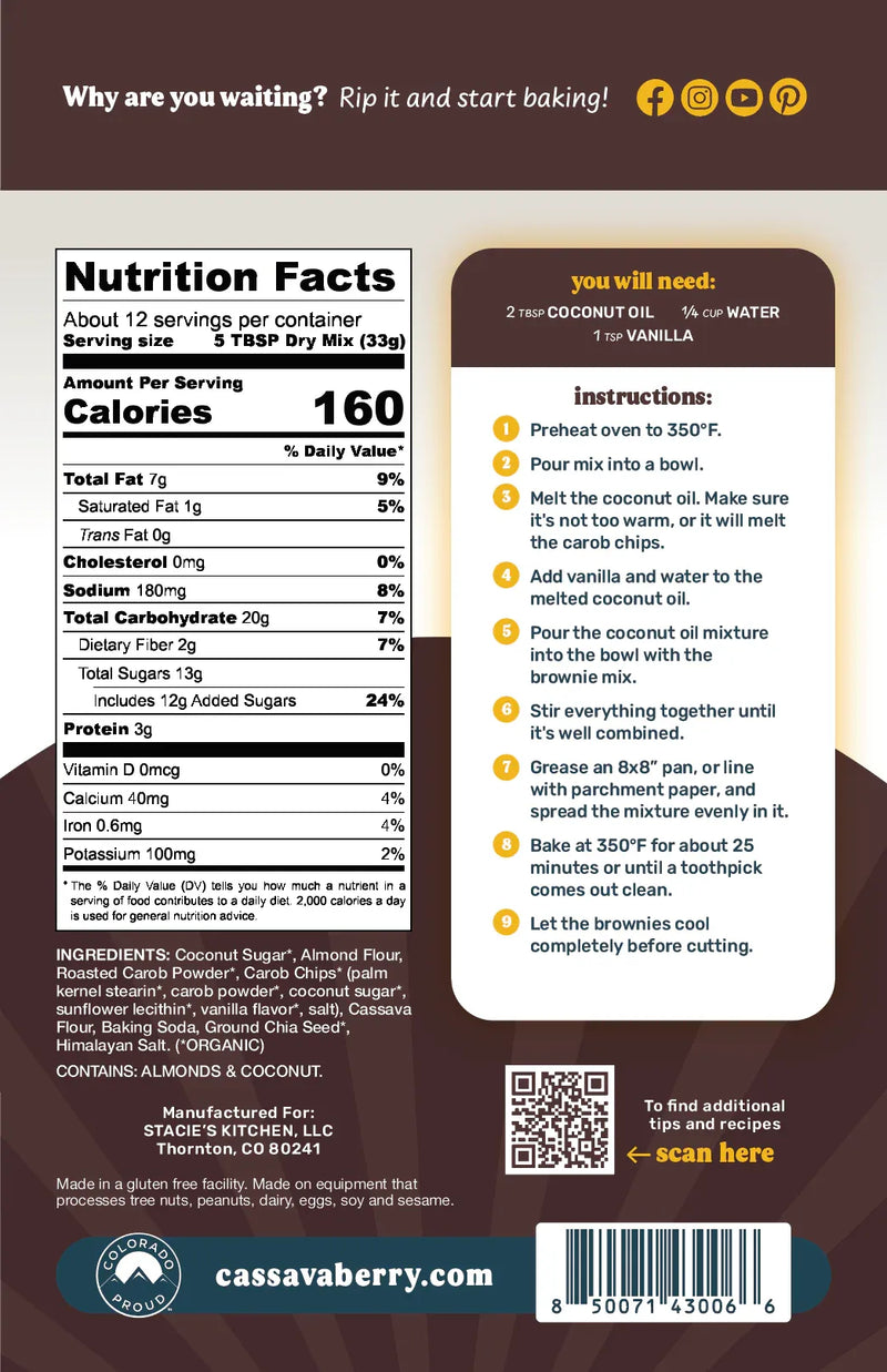 An image displaying Carob Chip Almond Flour Brownie Mix by Cassavaberry®