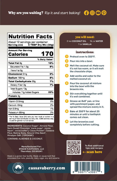 An image displaying Chocolate Chip Almond Flour Brownie Mix by Cassavaberry®