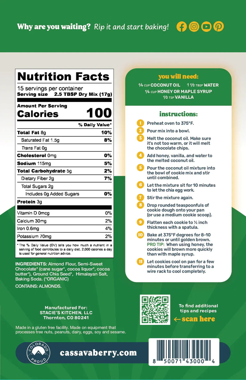 An image displaying Chocolate Chip Almond Flour Cookie Mix by Cassavaberry®