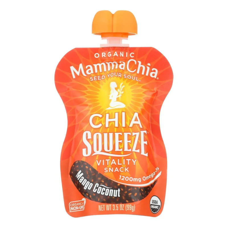 An image displaying Mamma Chia Squeeze Vitality Snack - Mango Coconut - Case Of 16 - 3.5 Ounce by Mamma Chia