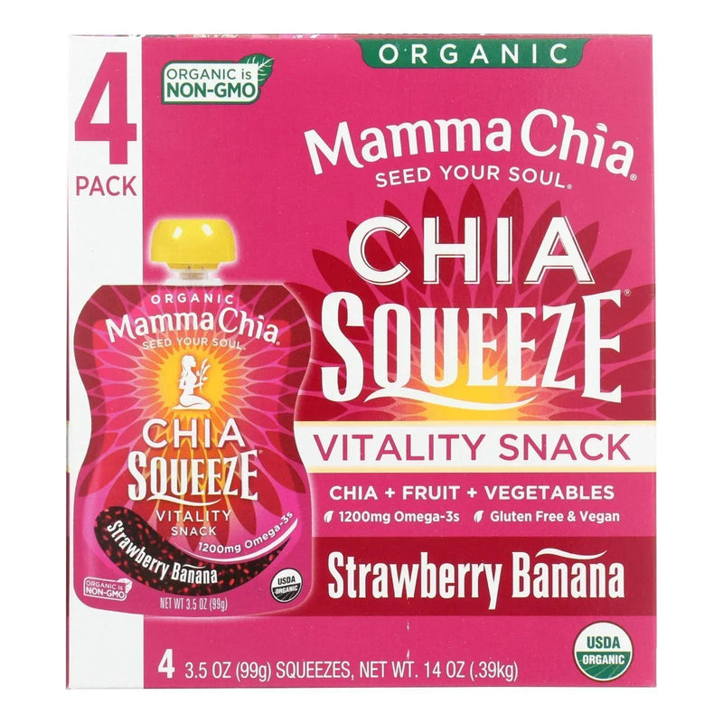 An image displaying Mamma Chia Organic Squeeze Vitality Snack - Strawberry Banana - Case Of 6 - 3.5 Ounce by Mamma Chia