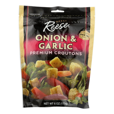 An image displaying Reese Premium Croutons - Onion And Garlic - Case Of 12 - 6 Ounce by Reese