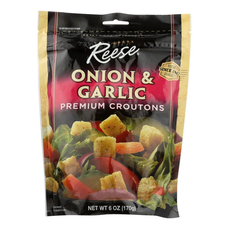 An image displaying Reese Premium Croutons - Onion And Garlic - Case Of 12 - 6 Ounce by Reese