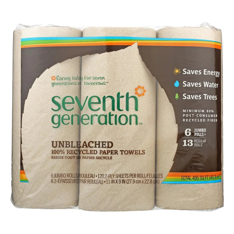 An image displaying Seventh Generation Recycled Paper Towels - Unbleached - Case Of 4 - 120 Count by Seventh Generation