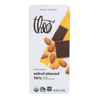 Theo Chocolate Organic Chocolate Bar - Classic - Dark Chocolate - 70 Percent Cacao - Salted Almond - 3 Oz Bars - Case Of 12 - Orca Market