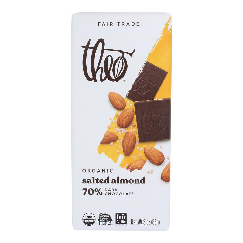 Theo Chocolate Organic Chocolate Bar - Classic - Dark Chocolate - 70 Percent Cacao - Salted Almond - 3 Oz Bars - Case Of 12 - Orca Market