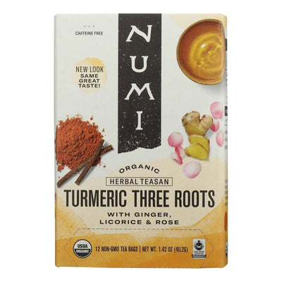 An image displaying Numi Tea - Tea Organic Turmeric 3 Roots - Case Of 6-15 Bags by Numi