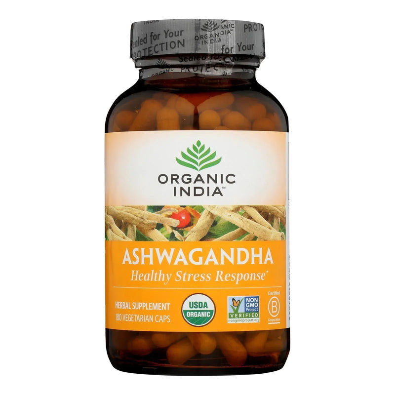 An image displaying Organic India Ashwagandha Capsules - Bottle - 180 Vege Capsules by Organic India