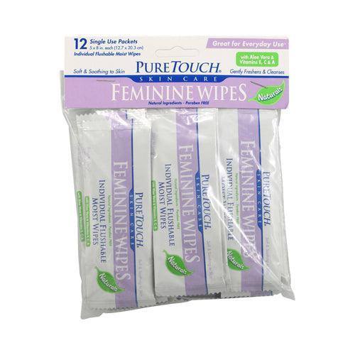 An image displaying Puretouch Individual Flushable Moist Feminine Wipes - 12 Packets by Puretouch Skin Care