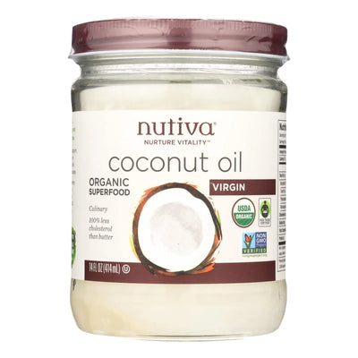 An image displaying Nutiva Coconut Oil - Organic - Superfood - Virgin - Unrefined - 14 Ounce - Case Of 6 by Nutiva