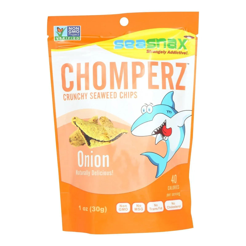 An image displaying Seasnax Chomperz Onion Crunchy Seaweed Chips - Case Of 8 - 1 Ounce by Seasnax