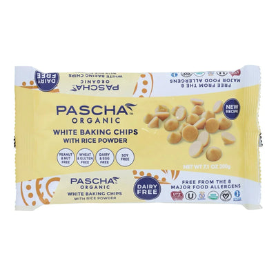 An image displaying Pascha Organic Rice Milk Chocolate Baking Chips - White Chocolate - Case Of 8 - 7 Ounce by Pascha
